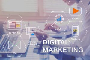  Digital Marketing manager working on social media network, internet website, mobile and email advertisement communication campaign with SEO and pay per click return on investment