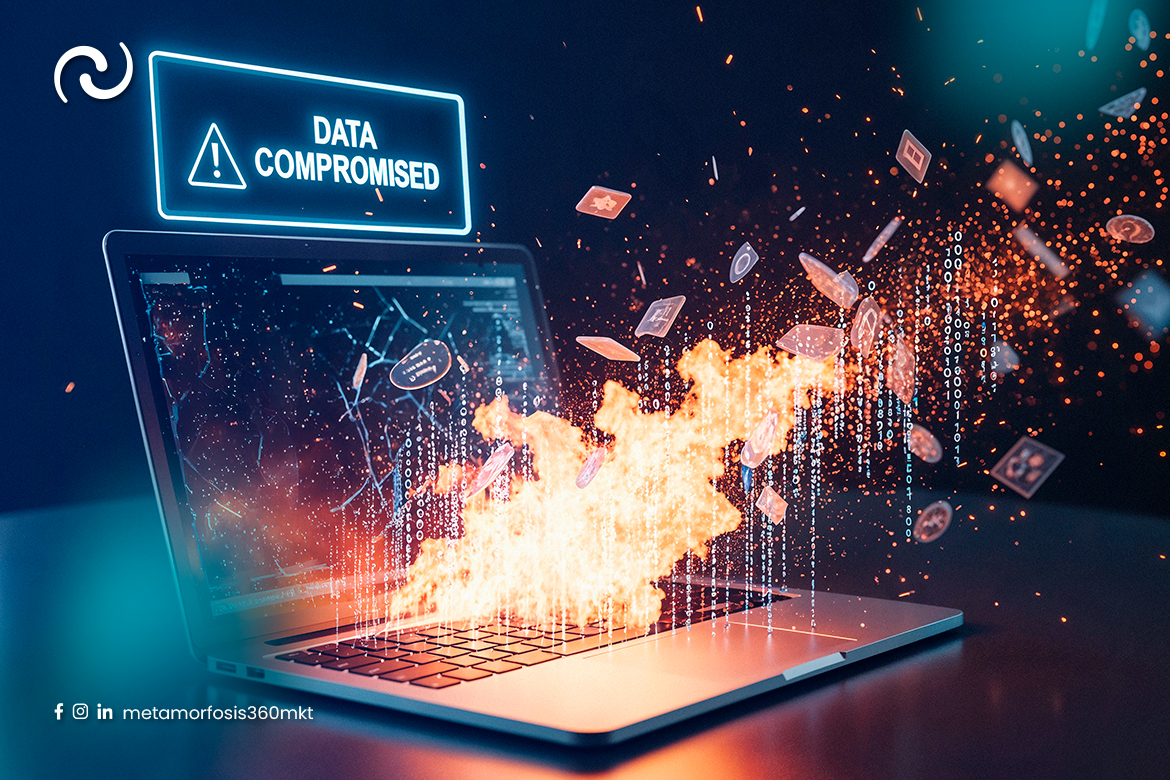 Ataque a la cadena de suministro en desarrollo web mostrando laptop comprometida con fuga de datos y código malicioso